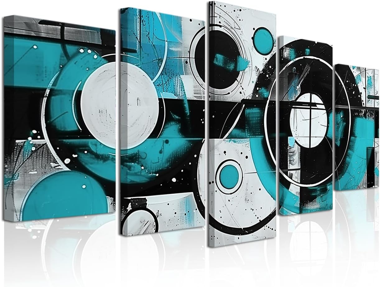 CXHOSTENT Teal Abstract Wall Art 5 Pieces Teal Grey and Black Canvas Print Turquoise Blue Picture Prints Large Artwork for Living Room Bedroom Decir Framed (White, 8x14inx2 8x18inx2 8x22inx1)