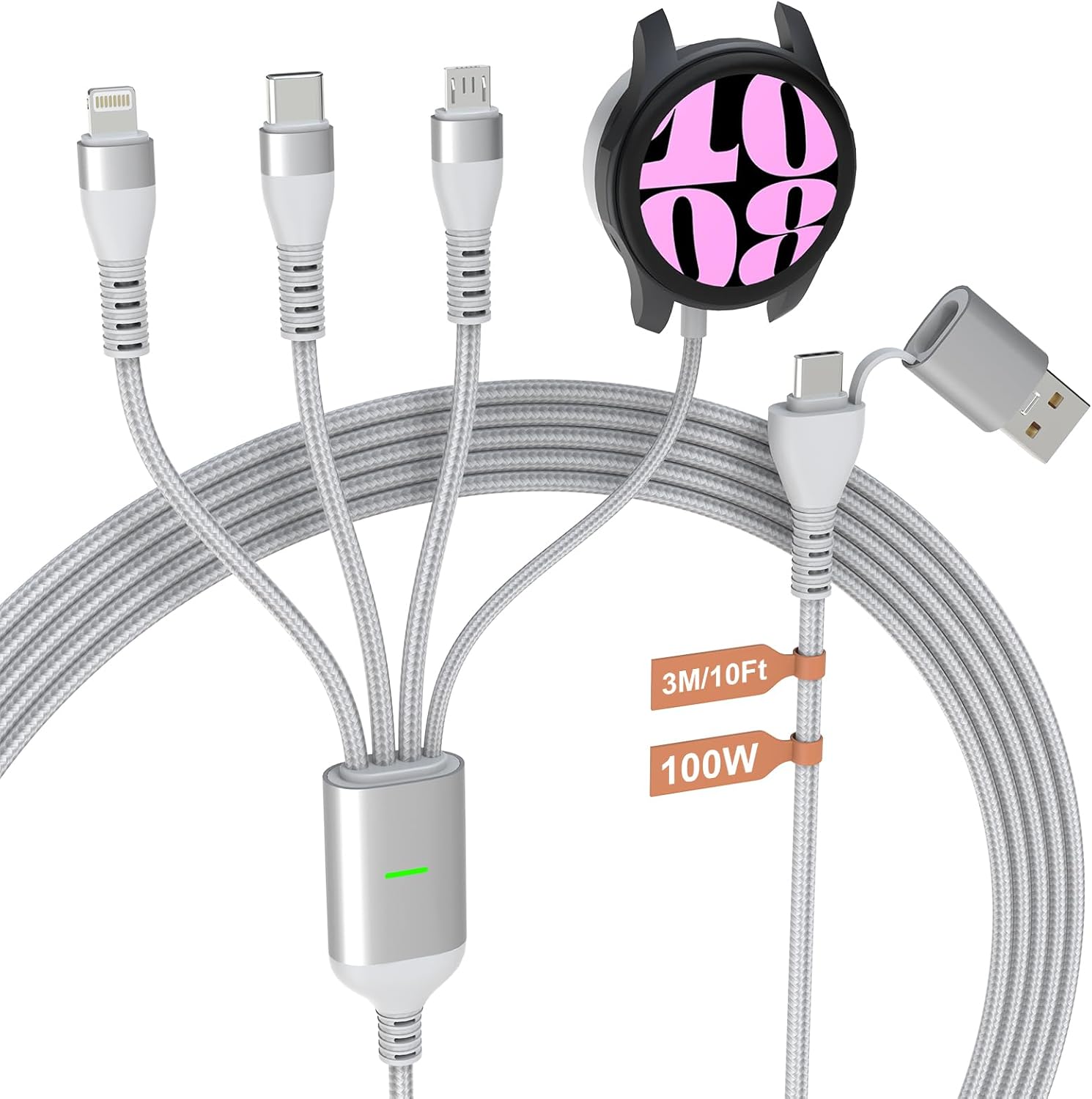 Multi Chargers for Samsung Galaxy Watch - 100W 4 in 1 USB A+C Travel Multi Galaxy Watch 7 Charger Cord, 3M/10FT Retractable USB C Fast Charging Cable for Galaxy S23/22/Android/iPhone 16 15 14 13