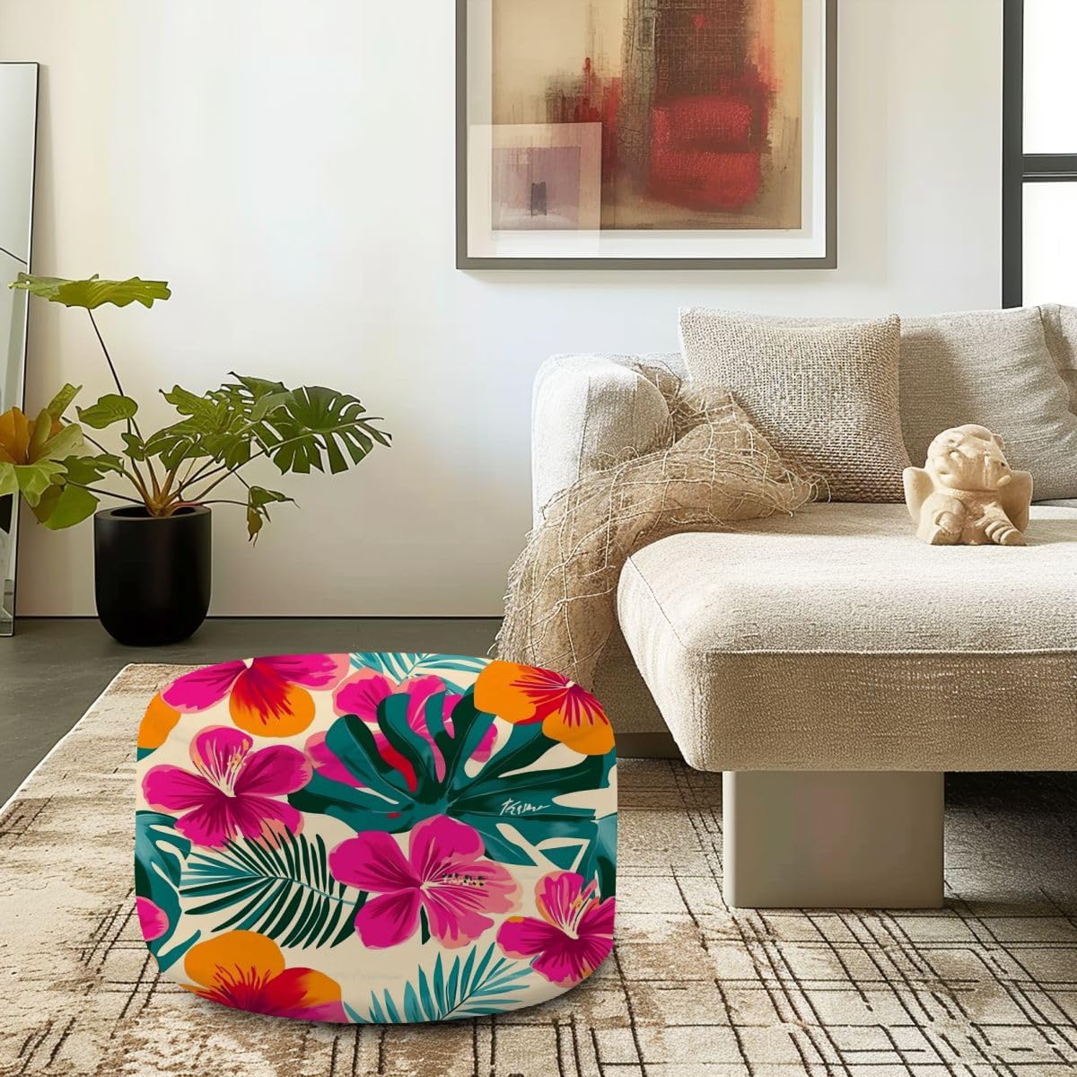 Round Pouf Ottoman Colorful hibiscus flower tropical leaf seamless pattern for summer Foot Stool Foot Rest Floor Stool Bean Bag Chair Cotton Linen Removable Indoor Outdoor for Living Room Bedroom
