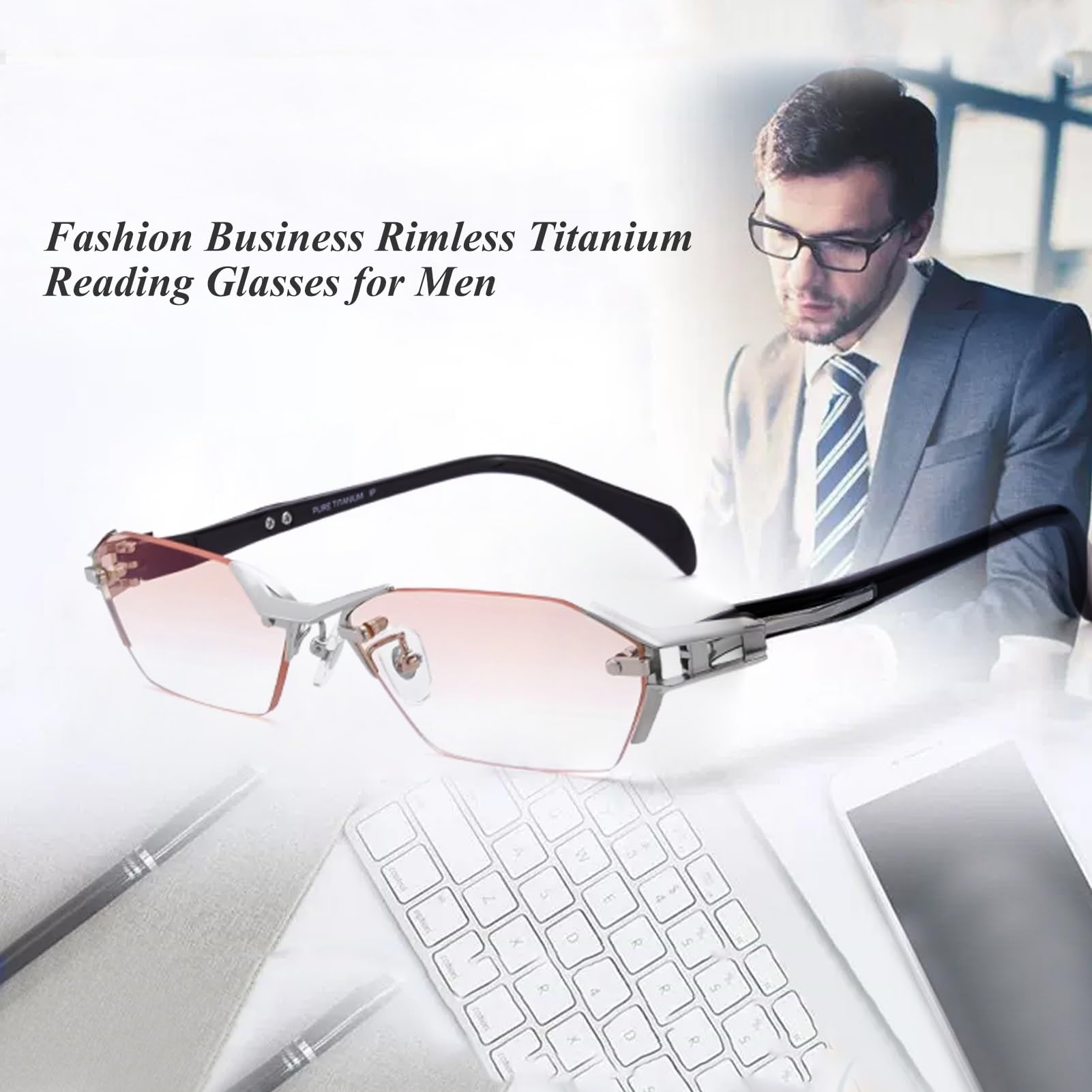 Biznesowe tytanowe okulary do czytania bez oprawek dla mężczyzn, modne, diamentowe cięcie, okulary komputerowe blokujące niebieskie światło (Size : 1.5 x)