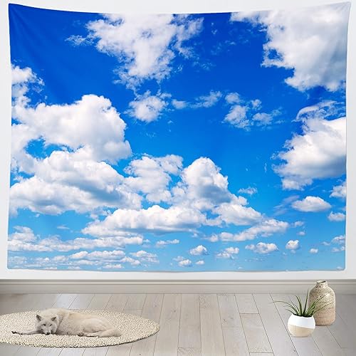 BELECO Tapiz de cielo azul para colgar en la pared, 118 x 96 pulgadas, tapiz de nubes blancas, telón de fondo, decoración de pared de cielo azul,