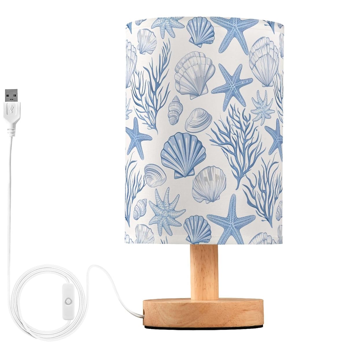 ALAZA Seashell Coral Starfish Blue Decor Bedside Table Lamp with USB Port for
