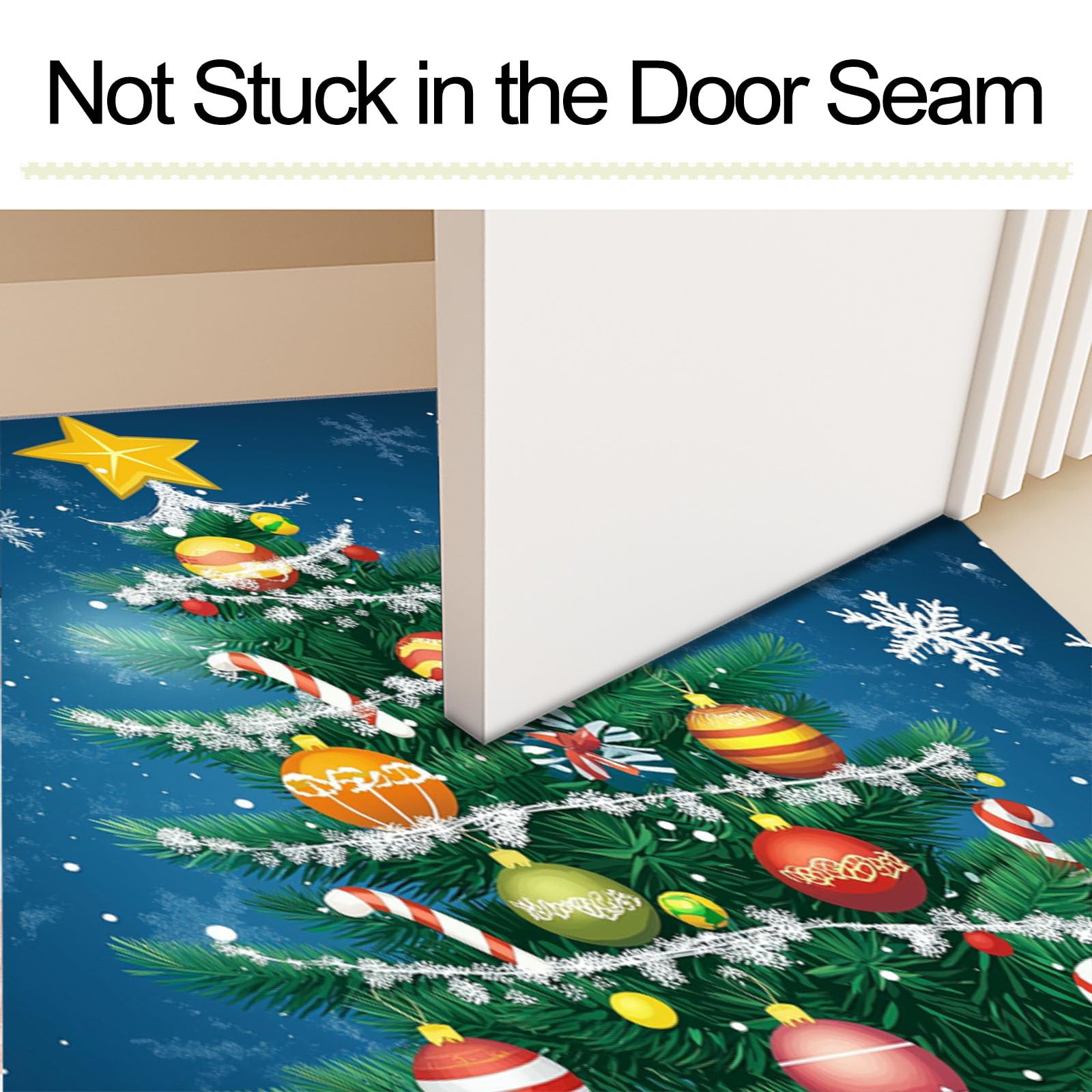 Fußmatte Bunte Weihnachtskugeln grünes Weihnachtsbaumdesign, Türmatte rutschfest Waschbar, Weihnachts Fussmatte Innen und Außen, Blau Farbgebung Weihnachts Fußmatte Winter, 90 x 150 cm