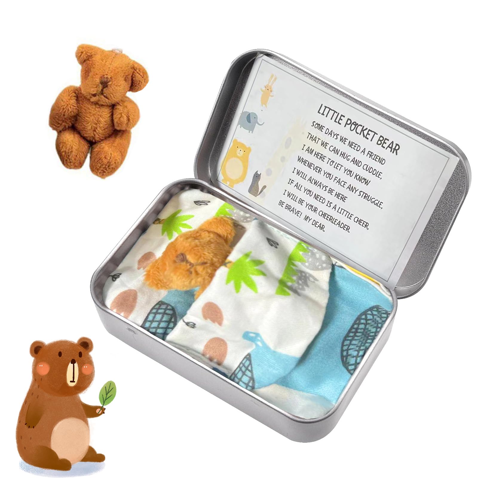 Little Pocket Bear, Teddy in Tin Box with Heart-Warming Cards and Quilts - Mini Stuffed Worry Bear Plush Gift for Kids