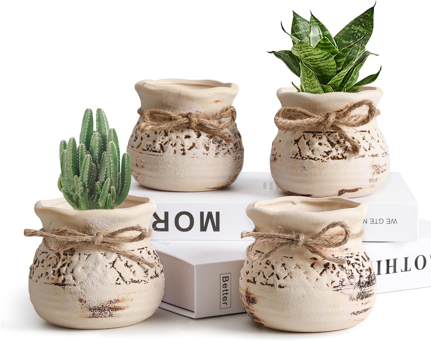 T4U 8.5CM Vintage Ceramic Planter Pots Set of 4, Small Plant Pots Indoor, Succulent Cactus Plant Pots, Home and Office Decoration Desktop Windowsill Gift for Gardener for Birthday Wedding Christmas