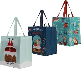 Earthwise Reusable Grocery Bags Gift Totes, Foldable & WaterResistant Shopping Bags, Durable MultiUse Eco Bags with Holiday Designs 6 Pack