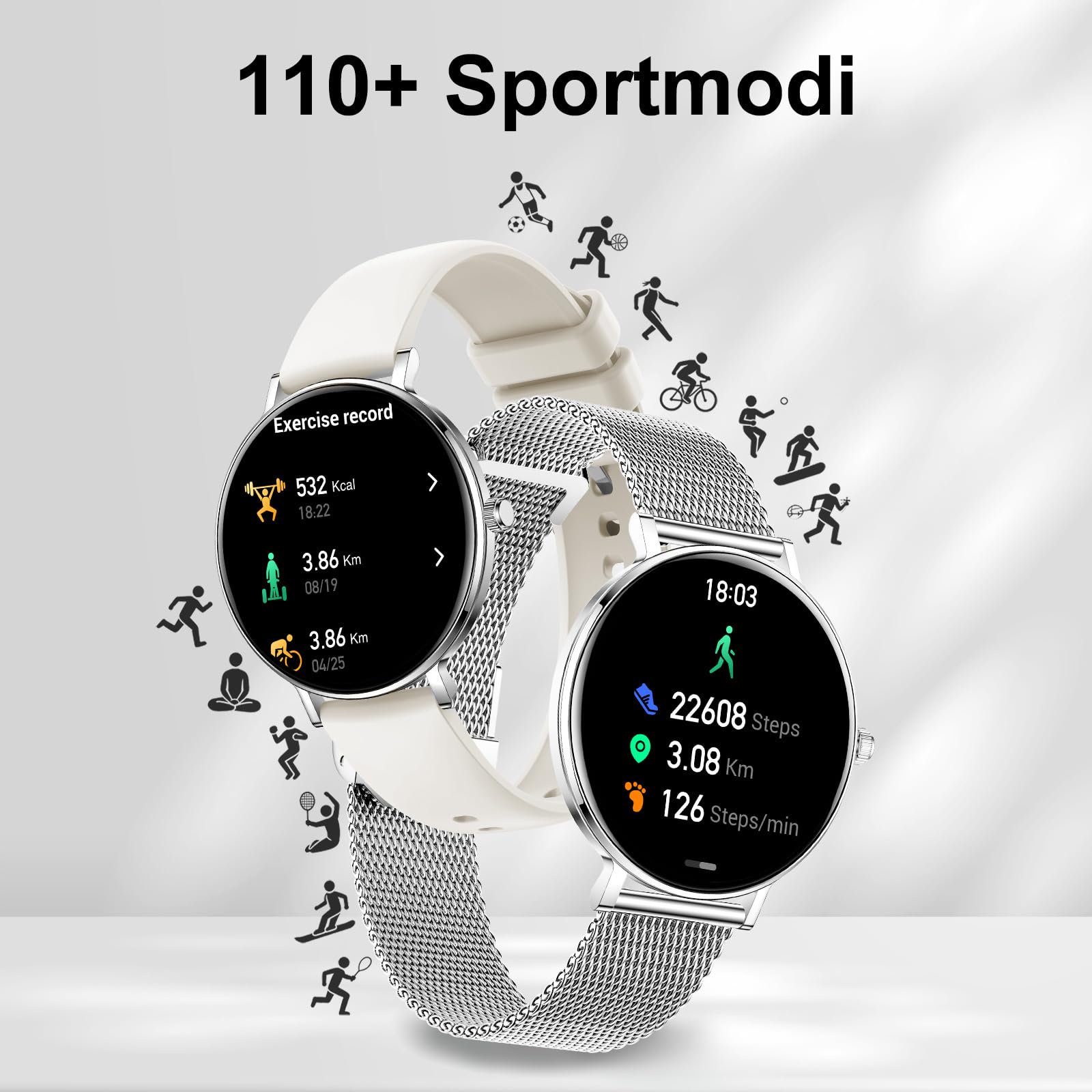 Smartwatch Damen MäNner Unisex 2026 Langanhaltende Akkulaufzeit 1,32 AMOLED Hd Rund UltradüNn Und Elegant Klein Wasserdicht App-Benachrichtigungen Sport Fitness Bluetooth-Anrufe Android Ios (Silber)