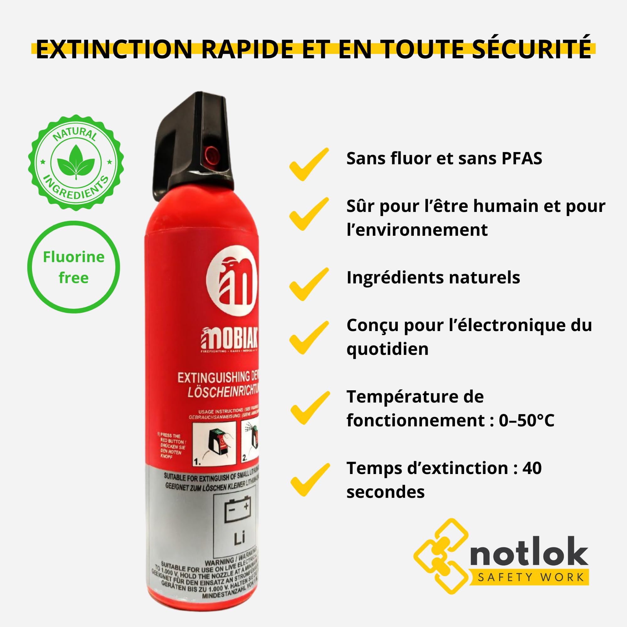 750ml Extincteur pour Batterie Lithium sans Fluor | Spray extincteur sûr pour Batteries de Smartphones, laptops et véhicules | Extincteur Maison, Mousse sans PFAS