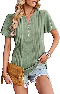 Blusa de Manga Ondulada con Cuello en V para Mujer, Parte Superior de Color Puro, Transpirable, Suelta, Decoración de Botones, Dobladillo Plisado en el Exterior (M)
