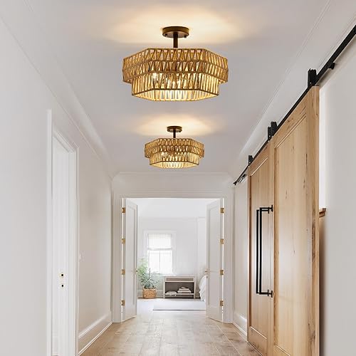 Miniatura 3 de Lámpara de techo semiempotrada de granja, 3 luces, estilo bohemio, lámpara de techo de cuerda de cáñamo tejida rústica, lámpara de techo hexagonal