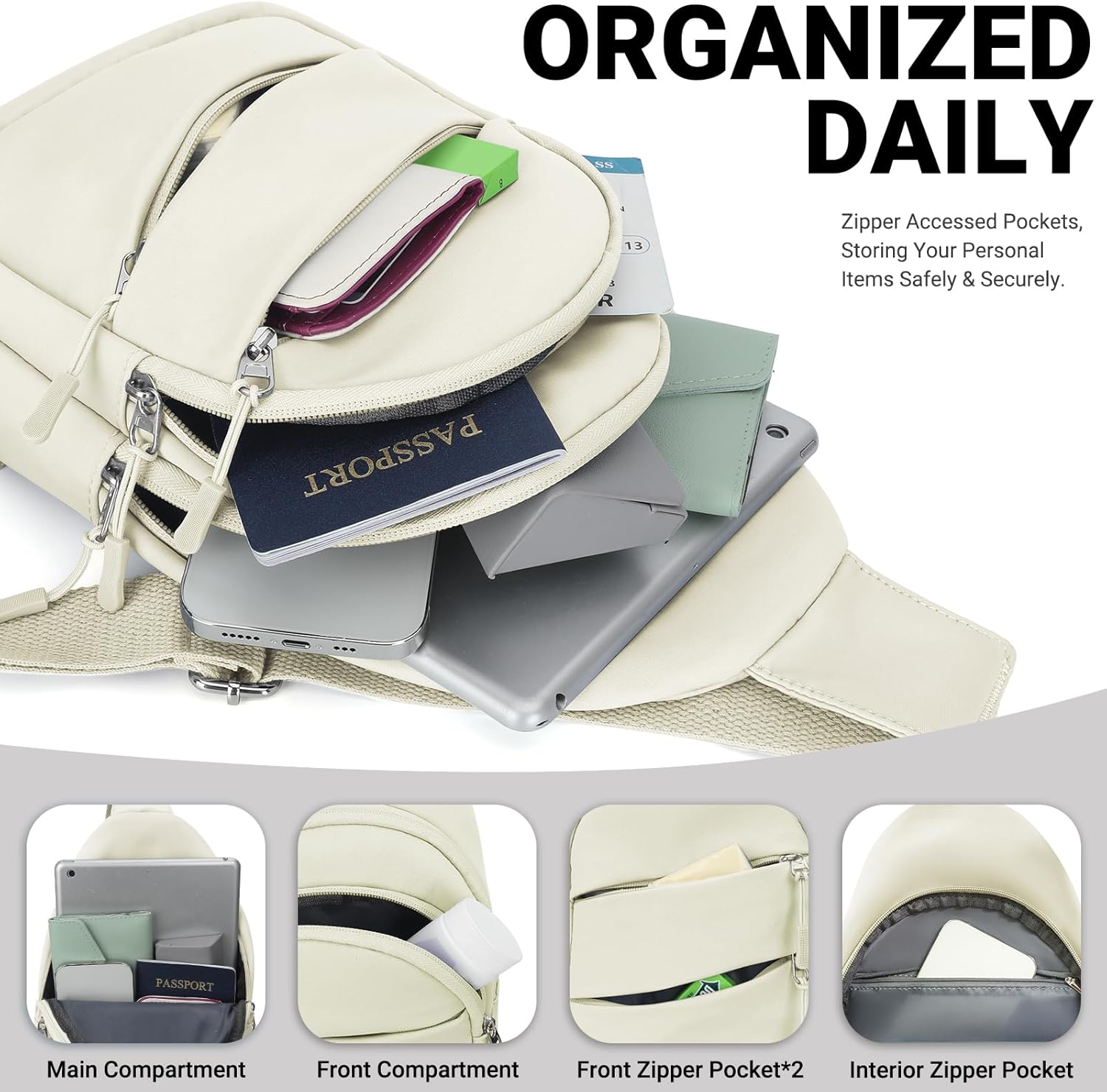 Tuwubi Crossbody Bags for Women, Sling Bag for Men, Small Hiking Backpack Anti Theft Lightweight for Outdoors Travel (M, Beige) - Image 4