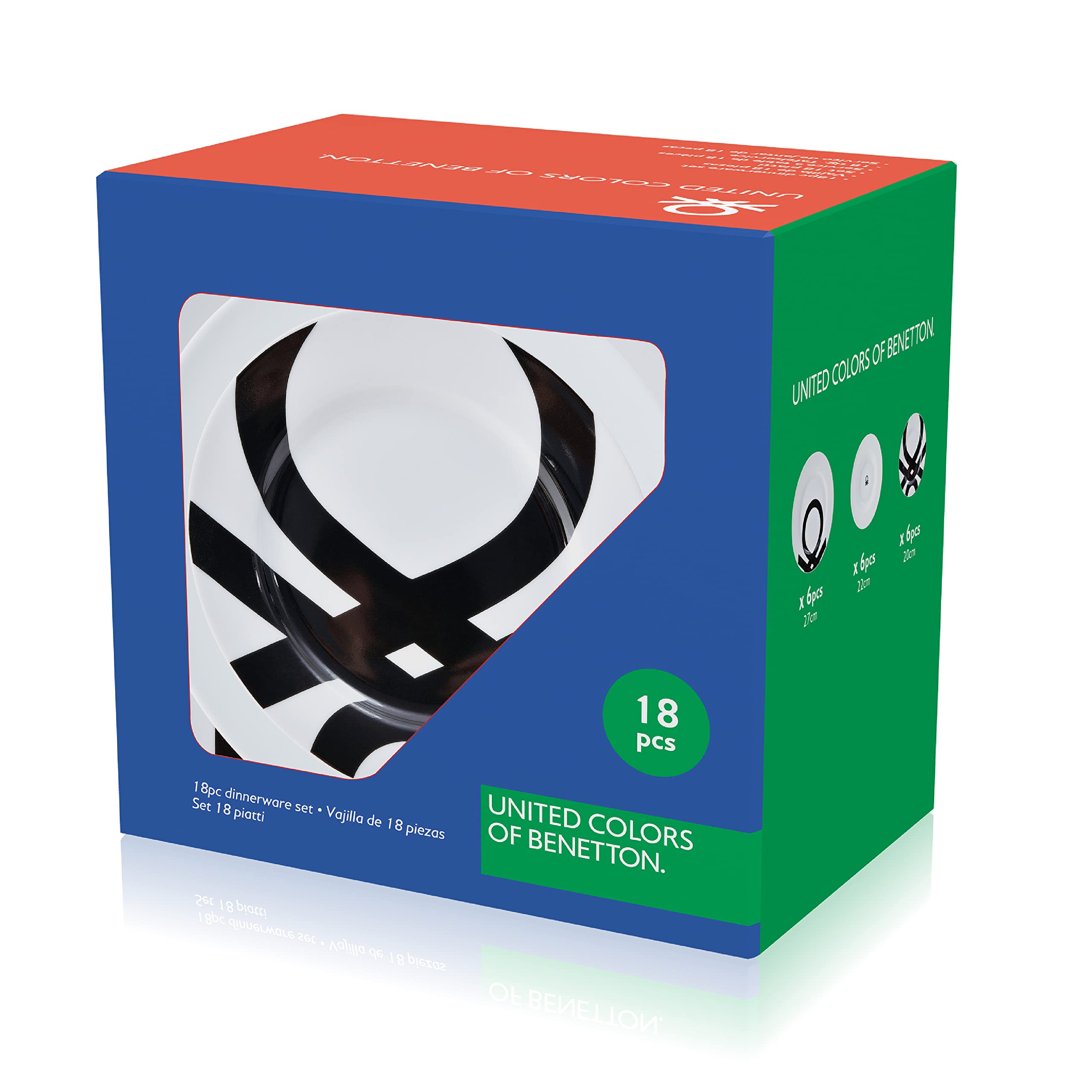 UNITED COLORS OF BENETTON. BE107 Set 18pcs vajilla Porcelana diseño Logo Estampado Negro Casa Benetton