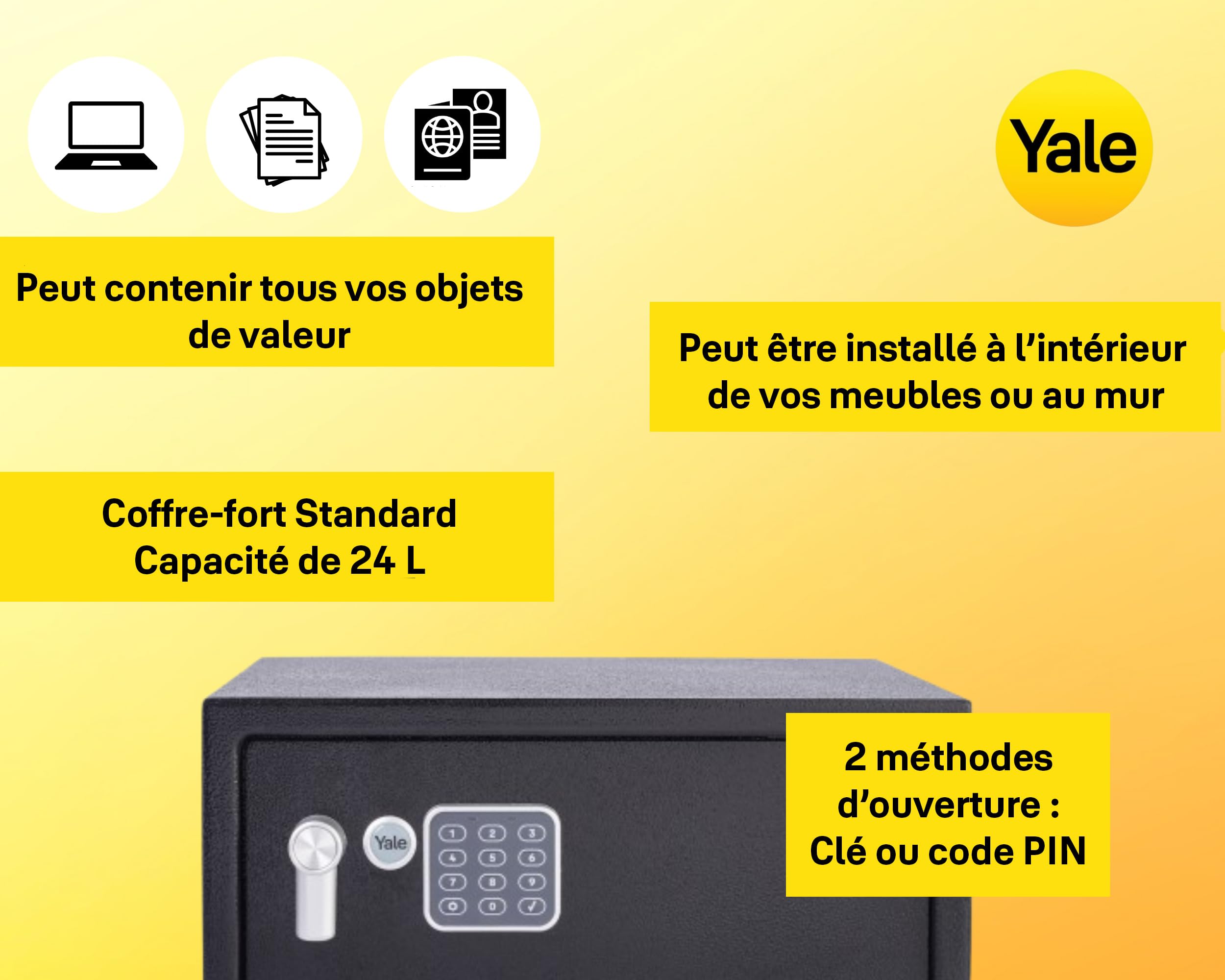 Yale Coffre-fort Électronique - Format Ordinateur 24L - Serrure 100 000 combinaisons, verrou électronique code 3 à 8 chiffres - dimensions 20x43x35cm YLV/200/DB2