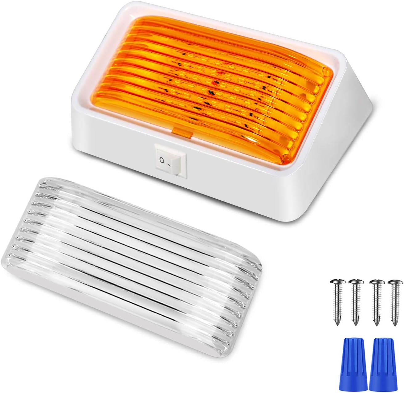 BlueFire Super Bright LED RV Porch Light RV Exterior Lights Porch Utility Light 12V Replacment Light with ON/OFF Switch, Clear and Amber Removable Lens for RV, Trailer, Camper (2 Pack)