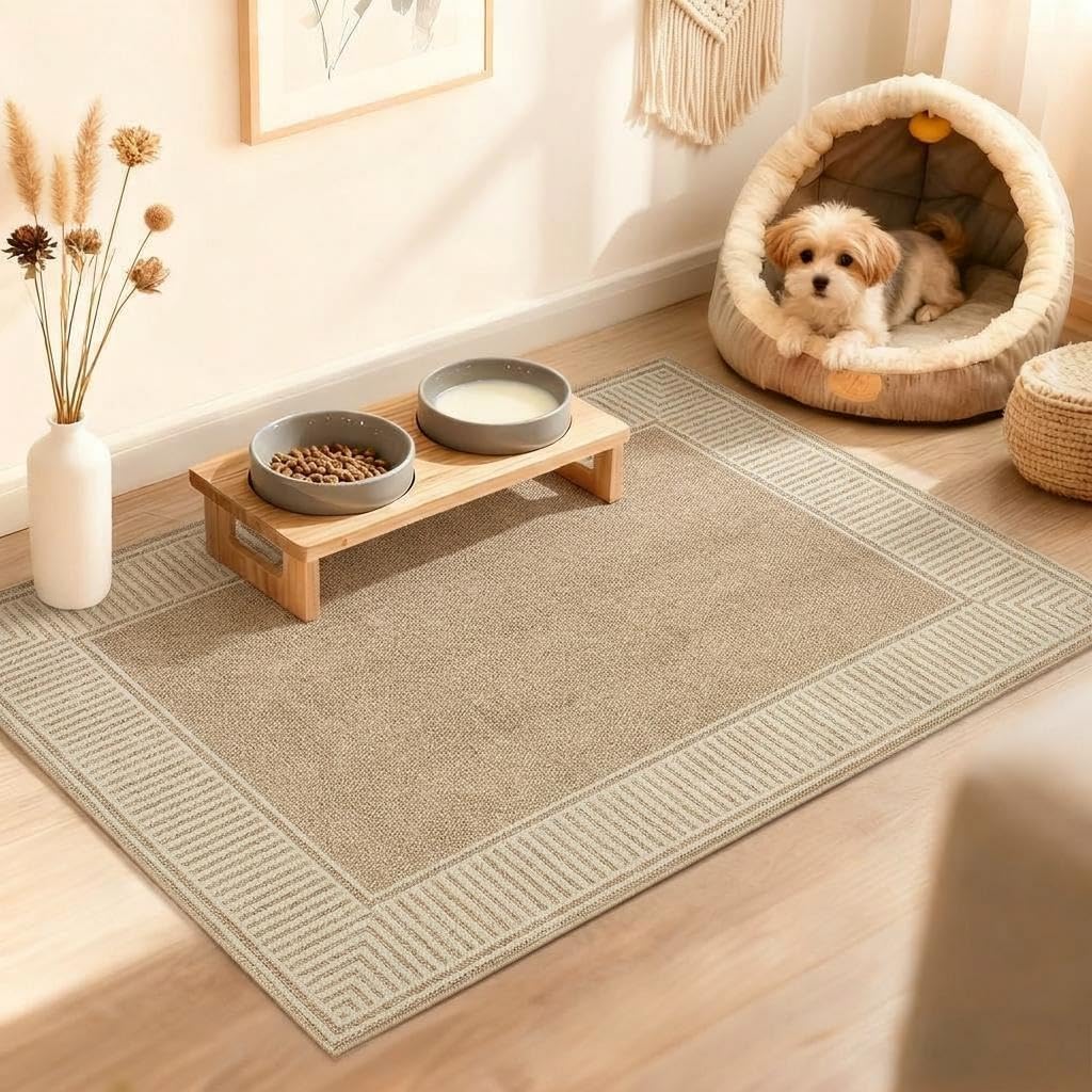 Washable 2x3 Entryway Area Rug Non Slip Small Door Mat Modern Solid Color Living Room Bedroom Small Rugs Bordered Mat for Bathroom Kitchen Nursery, Khaki