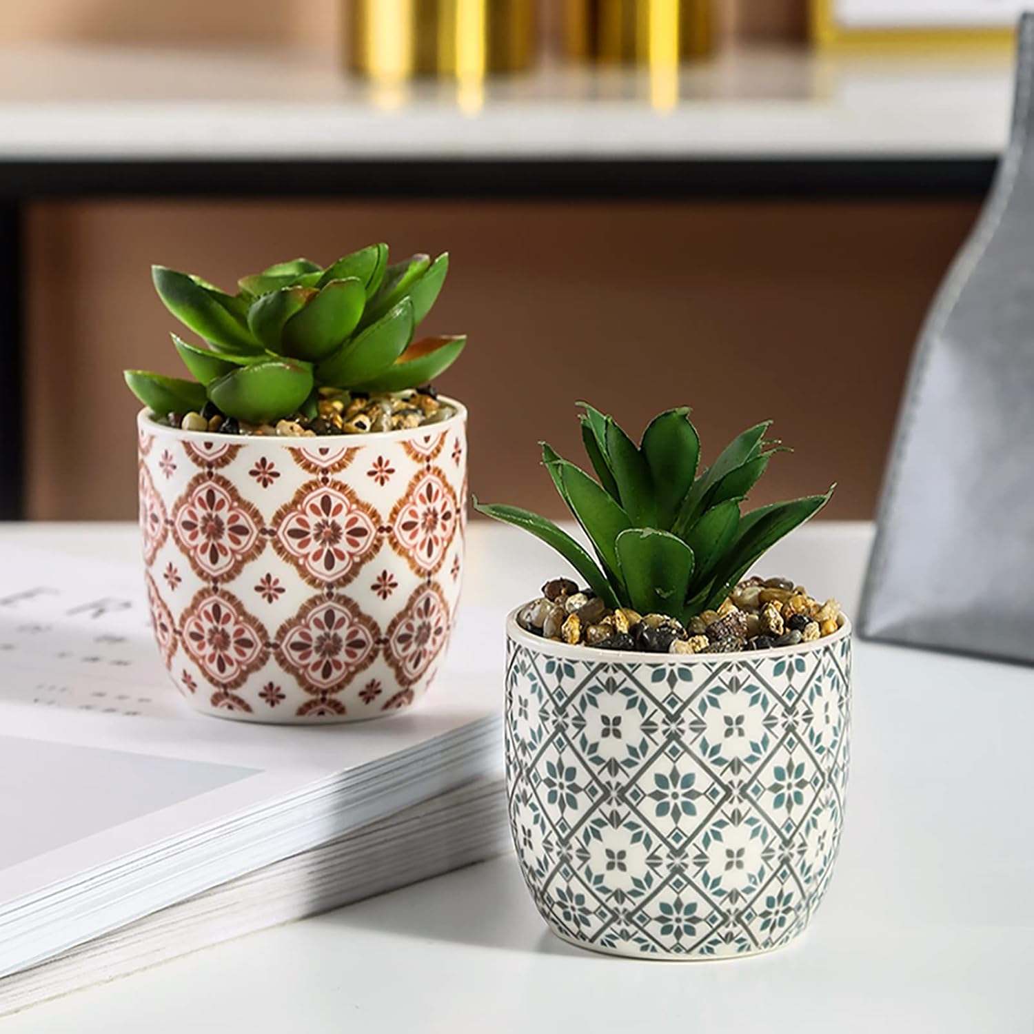 Artificial Plants Succulent Flowers in Ceramic Planter 2 Pack Small Fake Plants Potted for Home Office Desk Decor Farmhouse Living Room Bedroom Shelves Decoration