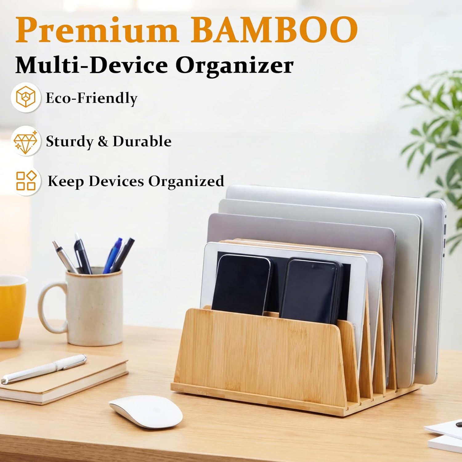 Unittype Bamboo Multi Device Organizer, 7 Slots Vertical Laptop Storage Rack, Computer Charging Station for Smartphones, Tablets and Laptops, Space Saving Organizer for Home Office