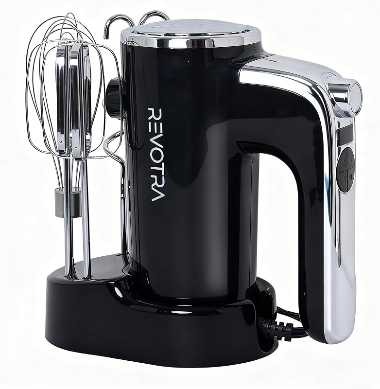 Electric Hand Mixer, Handheld Mixer with LCD Display and Storage Base | 5 Speeds & Turbo, One-Button Eject, 2 Beaters, 2 Dough Hooks, 1 Whisks, Kitchen Blender for Eggs, Cream, Dough, Baking