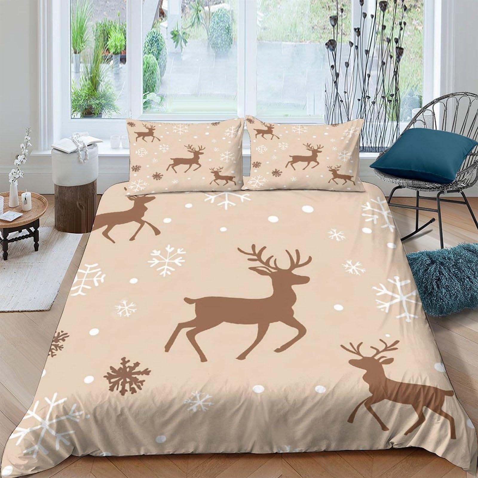 Ctjqhvkz Style-7 3D Printed Reindeer Snowflake Fitted Sheet Microfiber Beige Bed Cover For Bedroom Guestroom Mattress Protection Decor Single（135X200cm）