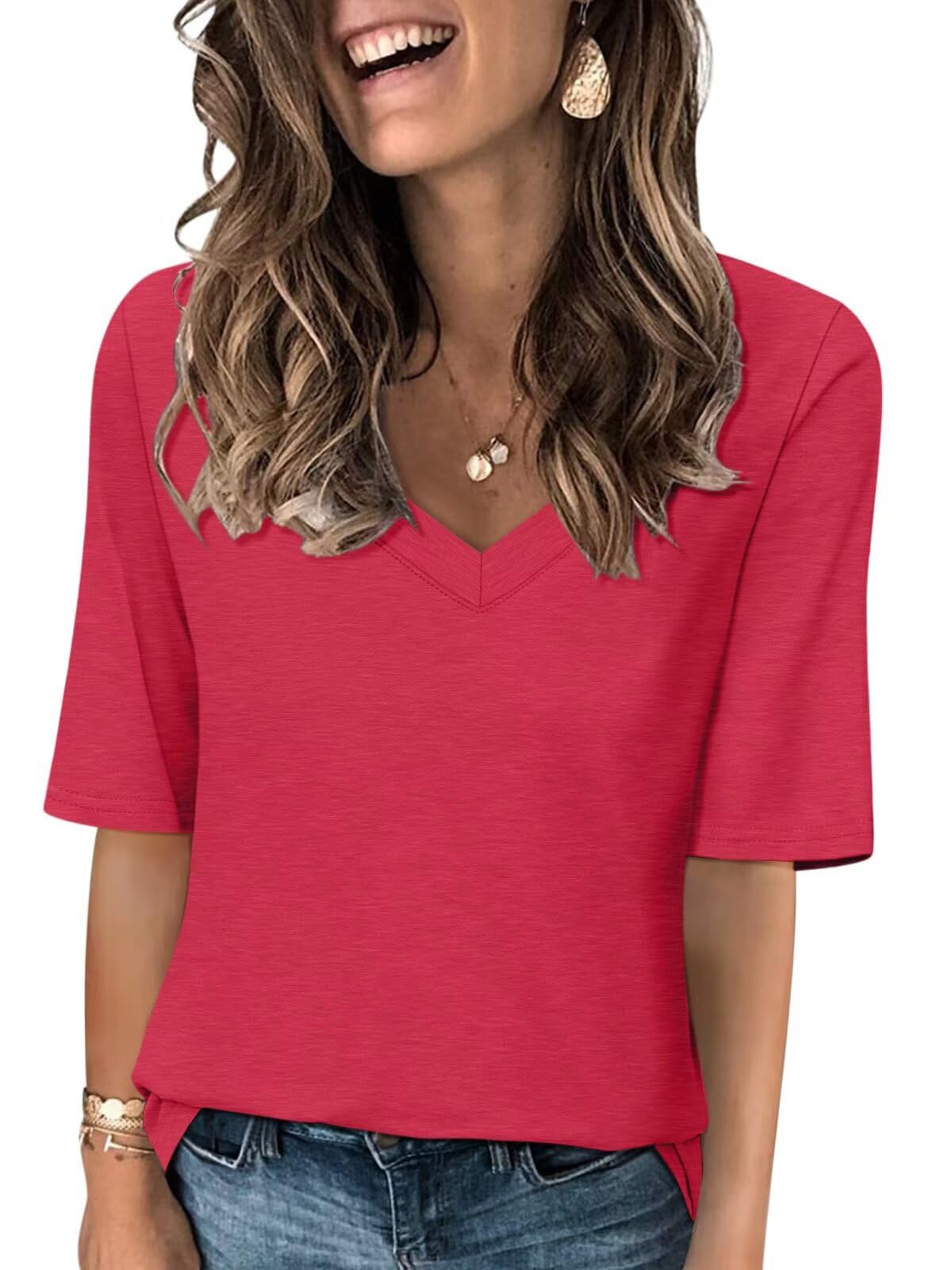TICTICMISS Women's V Neck T Shirts Half Sleeve Tops Casual Solid Summer Tees