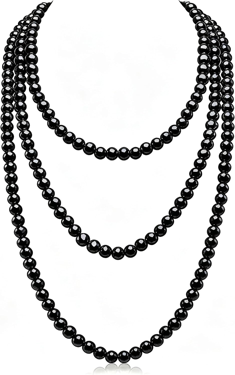 SukAmi 150cm Long Multi Strand Black Crystal Bead Necklace, 8mm Round Smooth Glossy Black Pearl Sweater Chain, Elegant Layered Endless Beaded Necklace Statement Fashion Jewelry for Women for Wedding Party Jewelry Gift