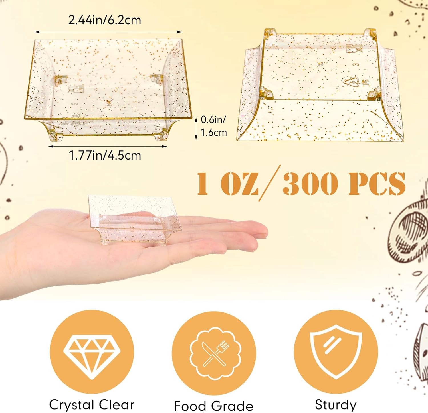 Mimorou 300 Pcs Mini Gold Glitter Clear Dessert Plates 1oz Disposable Appetizer Trays Bulk Small Square Plastic Dish for Party Birthday Wedding Tasting Serving Cake Salad Fruit Sauce Snack, 2.4 Inch