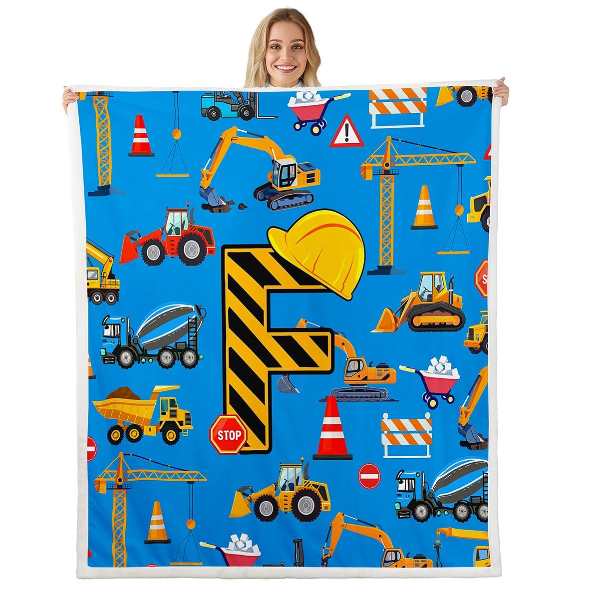 Loussiesd Pojazdy budowlane koc polarowy koparka litera F Sherpa koc dla dzieci kobiet mężczyzn pluszowy puszysty kreskówka samochód traktor królowa 228 x 229 cm na łóżko kanapę krzesło salon