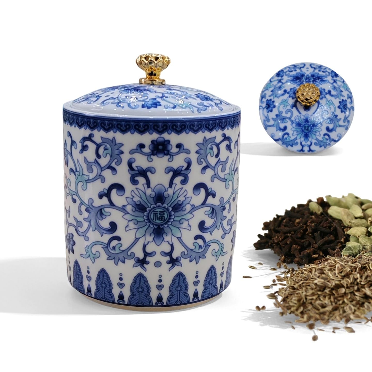 SJDHAHC Blue & White Porcelain Salt Cellar with Lid Salt cellar, airtight ceramic spice jar; porcelain salt container for countertop; vintage blue-white kitchen storage, easy to use.