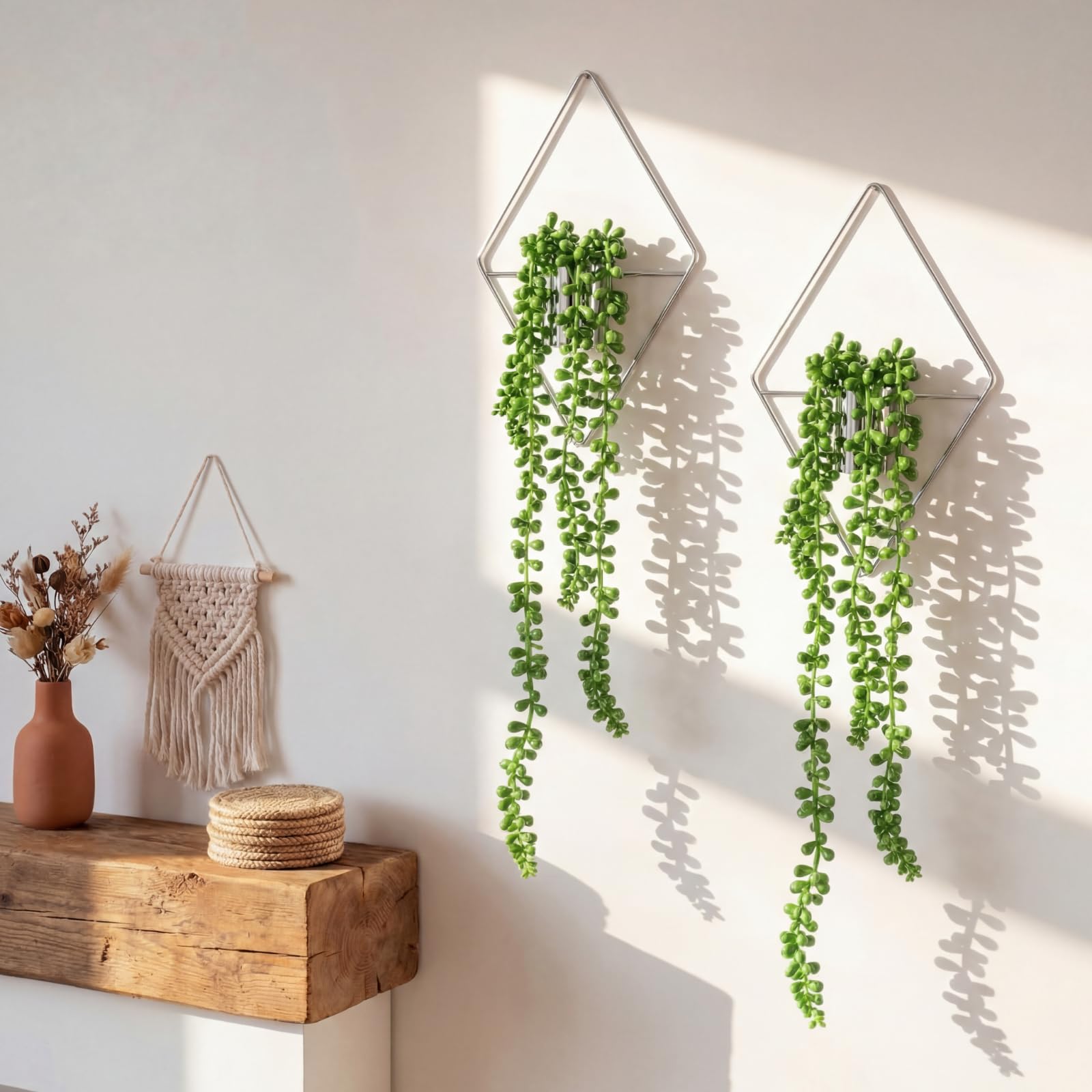 Canlierr 2 Pieces Wall Decor Hanging Planters with Artificial Plants Metal Hanging Vase Indoor Plants Holder Modern Boho Wall Art for Bathroom Bedroom Living Room Decor, Silver, Succulents