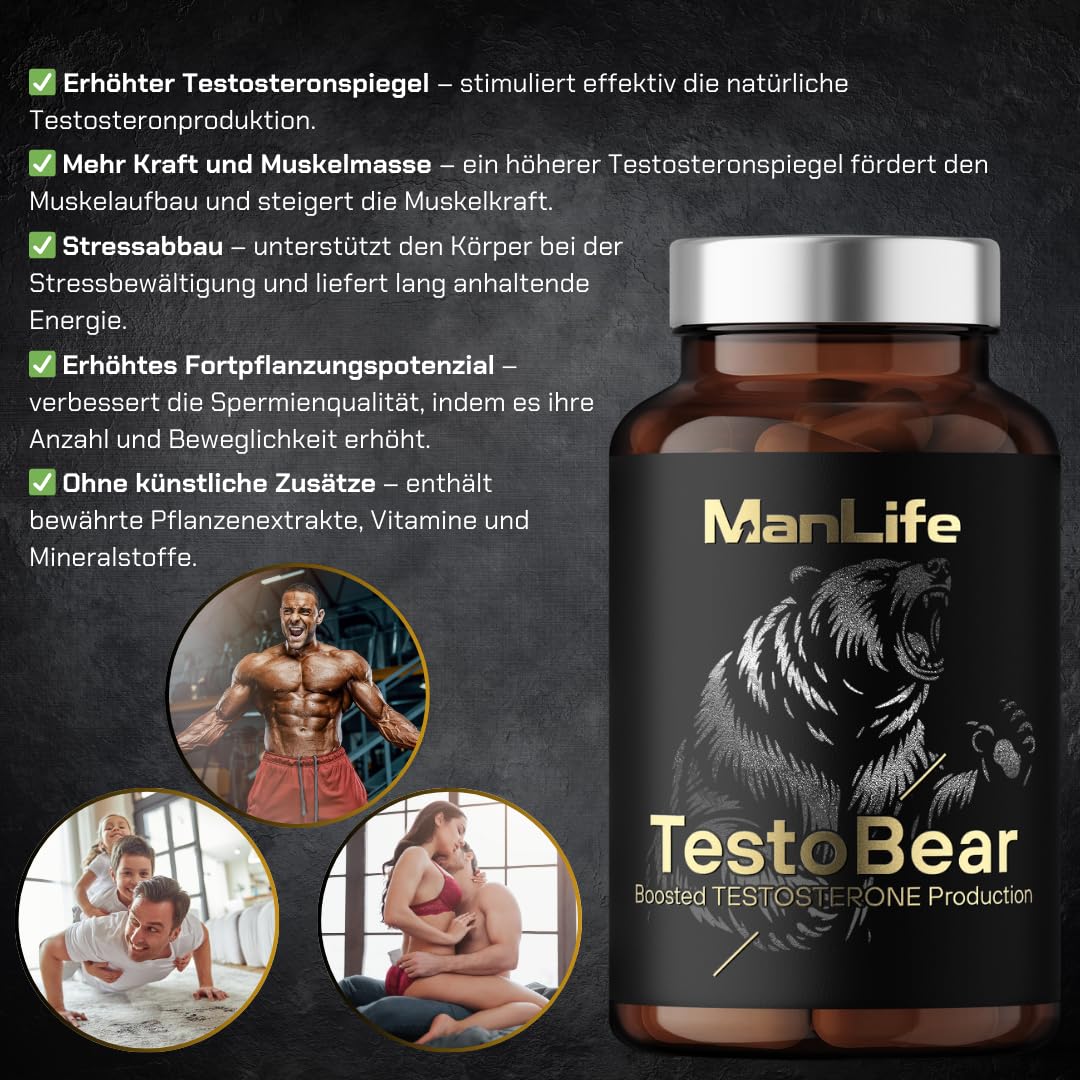 Testosteron Booster für Männer - TestoBear 90 vegane Kapseln | Erhöht Testosteron, Libido, Kraft, Muskelmasse und stärkt die Erektion | Umweltfreundlich – Glasflasche mit Metallve