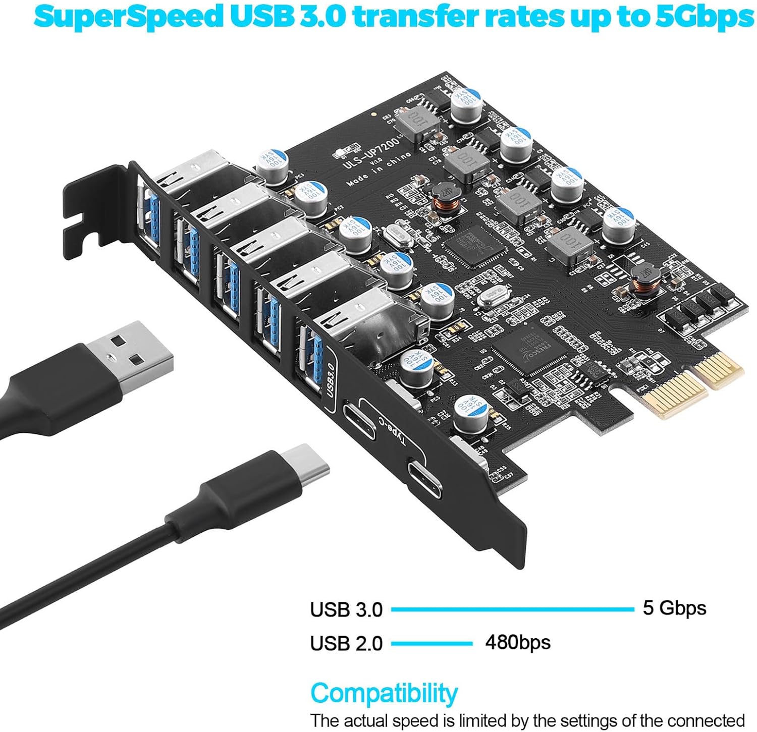 7 Port PCI-E to USB3.0 Expansion Card (5X USB 3.0 A,2X USB C) Super Speed Internal USB Hub Converter for Desktop PC Host Card Support Windows 10/8/7/XP and MAC OS 10.8.2 Above