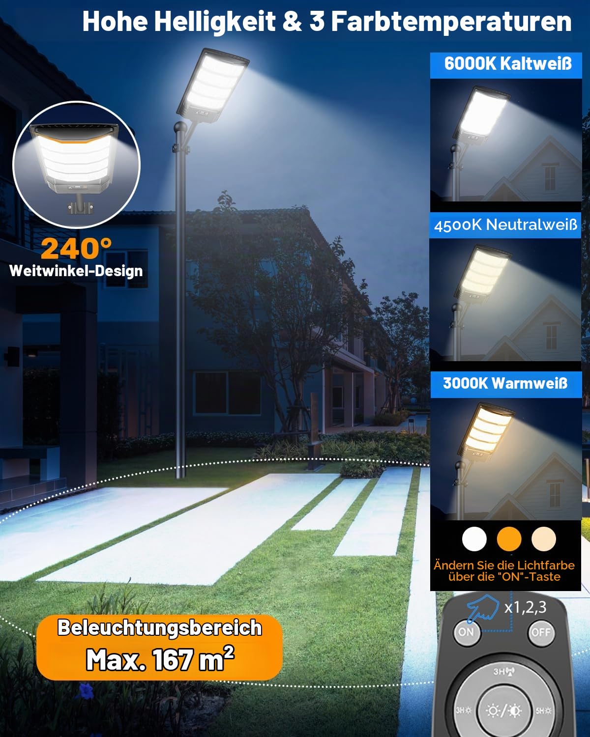 Solar Straßenlaterne für Außen, Solarlampen mit Bewegungssensor, 6000K Weißes & 3000K Warmes LED Solarleuchten mit Fernbedienung, IP65 Wasserdicht Solarlicht für Hof, Weg, Parkplatz (2)