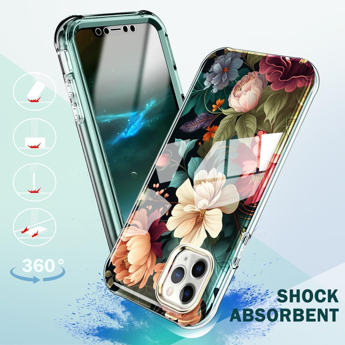 Cute Flower Case for iPhone 12/12 Pro 6.1 inch Built with Screen Protector, Lightweight and Stylish Full Body Shockproof Protective Rugged TPU Case for Women/Girls-Black Flower - Image 7