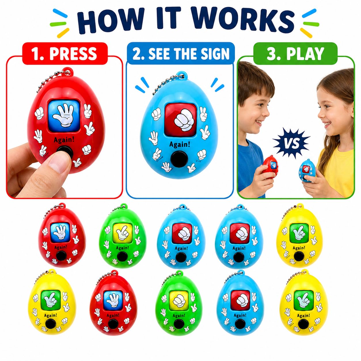 MONKEYTAIL Birthday Return Gift for Kids, 10 Pcs Rock Paper Scissors Game Keychains | Fun Handheld & Party Favors for Boys & Girls | Kids Birthday Party Gifts