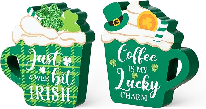 Glitzhome St Patricks Day Wooden Blocks Set 2Pcs Coffee Cup Tabletop Decor, Lucky Green Shamrock St.Patricks Day Wood Sign for Tiered Tray Decor Table Sign, St Patricks Sign for Irish Party Gifts