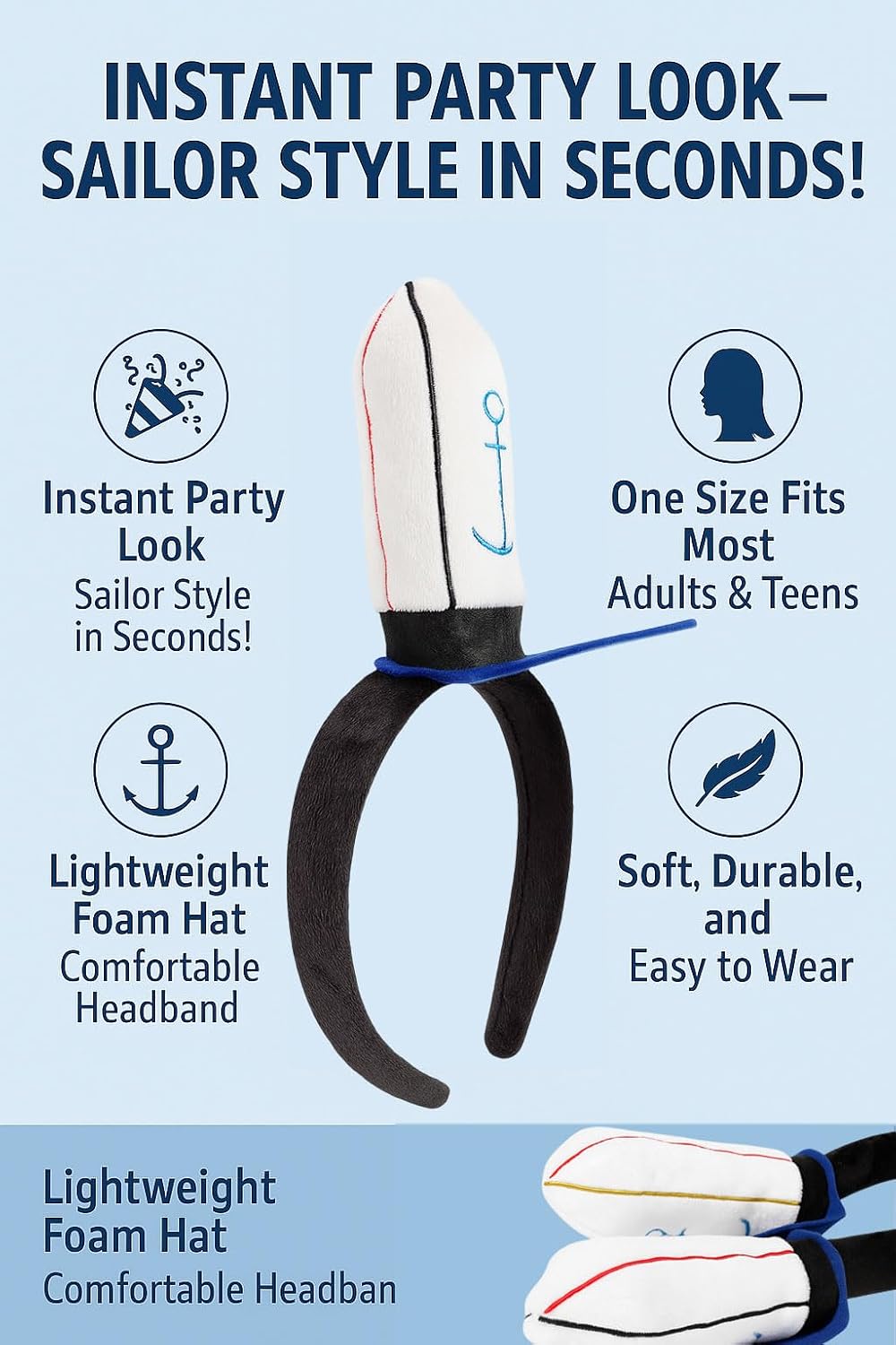 Sailor Hat Headband – Navy Sailor Costume Hat for Party, Halloween, Dress Up & Nautical Theme Events for Men & Women