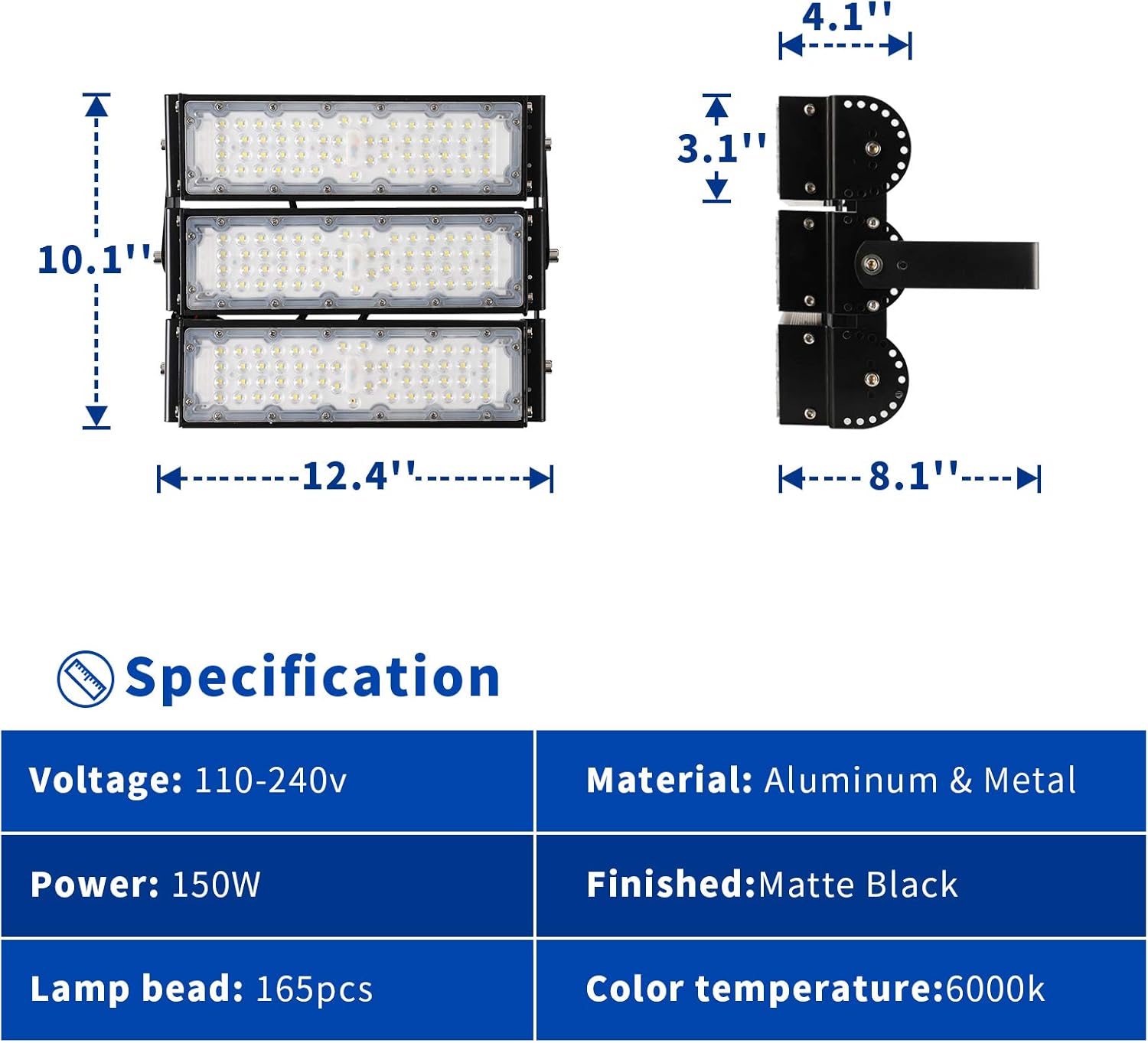 Best Cyber Monday 🔥 150W LED Flood Light, Stadium Lights 6500K 15000LM IP67 Waterproof Outdoor Super Bright Outdoor Flood Lights with 3 Adjustable Heads for Stadium, Garden, Playground