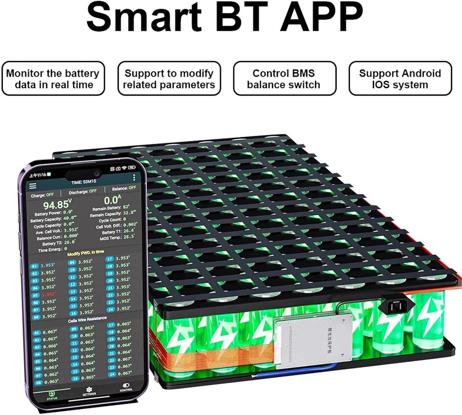 BMS B1A20S15P B1A24S15P with 1A Active Balance BT RS485 8S~24S Lifepo4 Li-ion Battery(B1A20S15P)