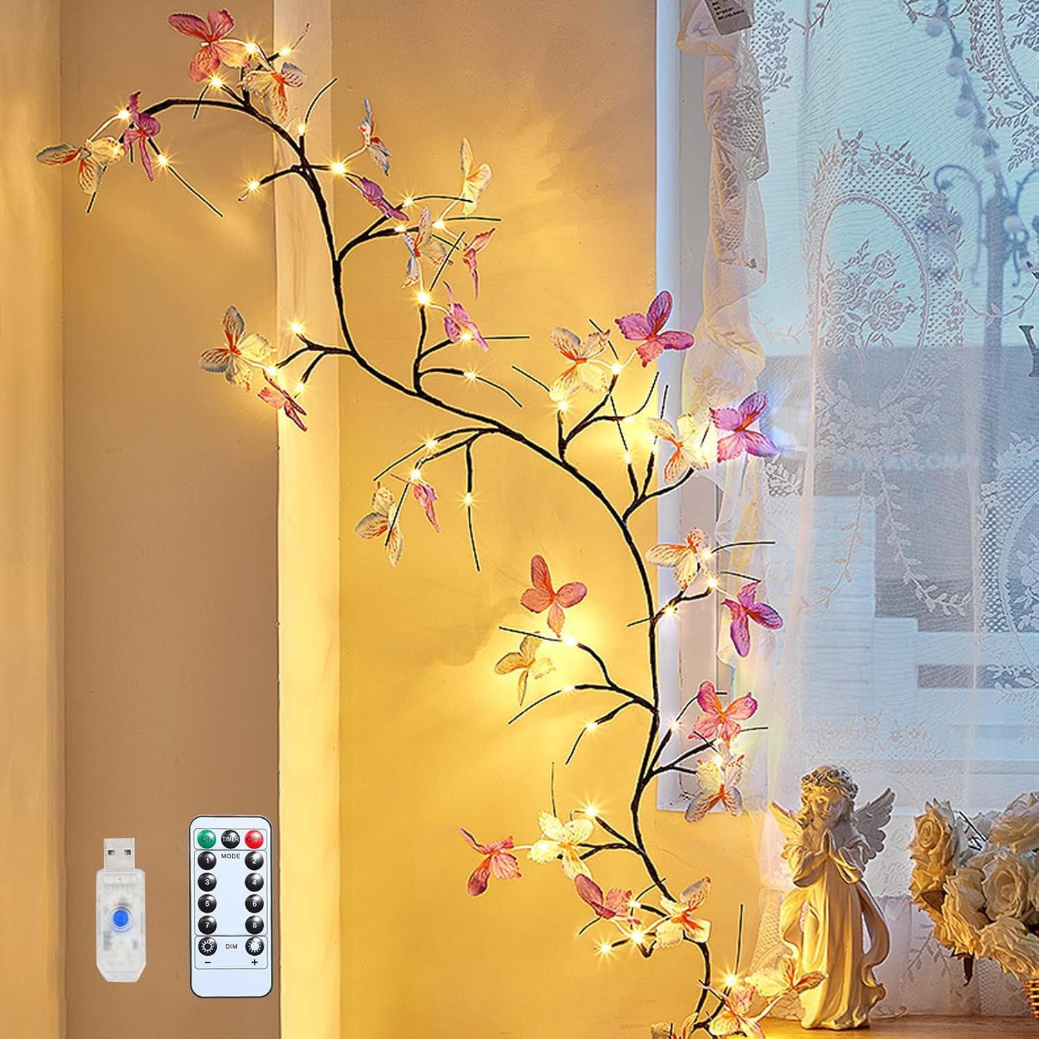 Gresoinc 230 cm 144 LED Schmetterling Blüte Baum Zweige Lichter für Wand, USB-betrieben, 8 Modi, warmweiße Lichterkette mit Fernbedienung, Timer, dimmbar, flexibel, Weidenranke, Blumenmuster