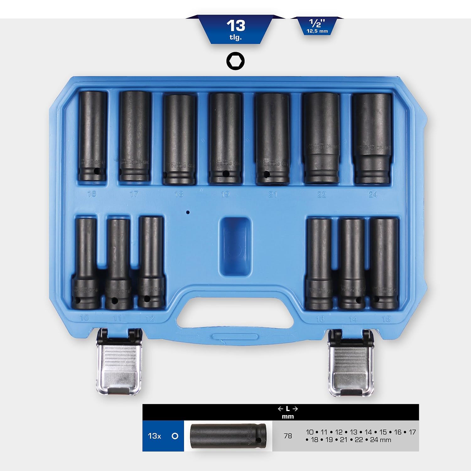BRILLIANT TOOLS BT022625 Jeu de douilles à chocs [Powered by KS TOOLS] | Jeu de douilles à chocs longues 1/2'', 6 pans, 10 - 24mm, 13 pcs