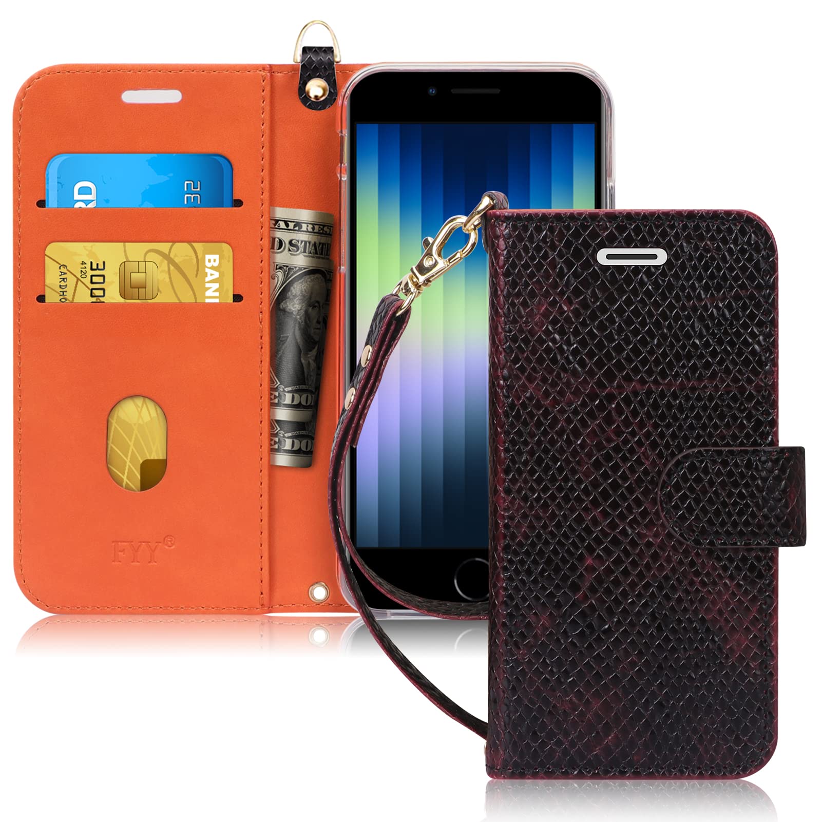 FYY Designed for iPhone SE Case 2022 (3rd Gen) / iPhone SE Case 2020 (2nd Gen) / iPhone 7 Case/iPhone 8 Case, Luxury PU Leather Wallet Phone Case with Card Holder Flip Cover Snakeskin Wine Red