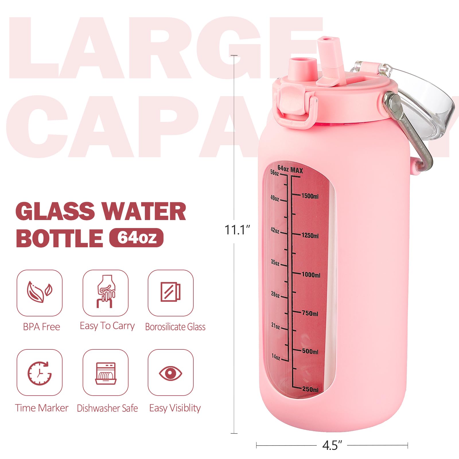 BLUEGO 2L Bottiglia d'acqua in vetro con manico in acciaio inox, manicotto in silicone e cannuccia per palestra, ufficio e sport all'aperto, senza BPA, Rosa