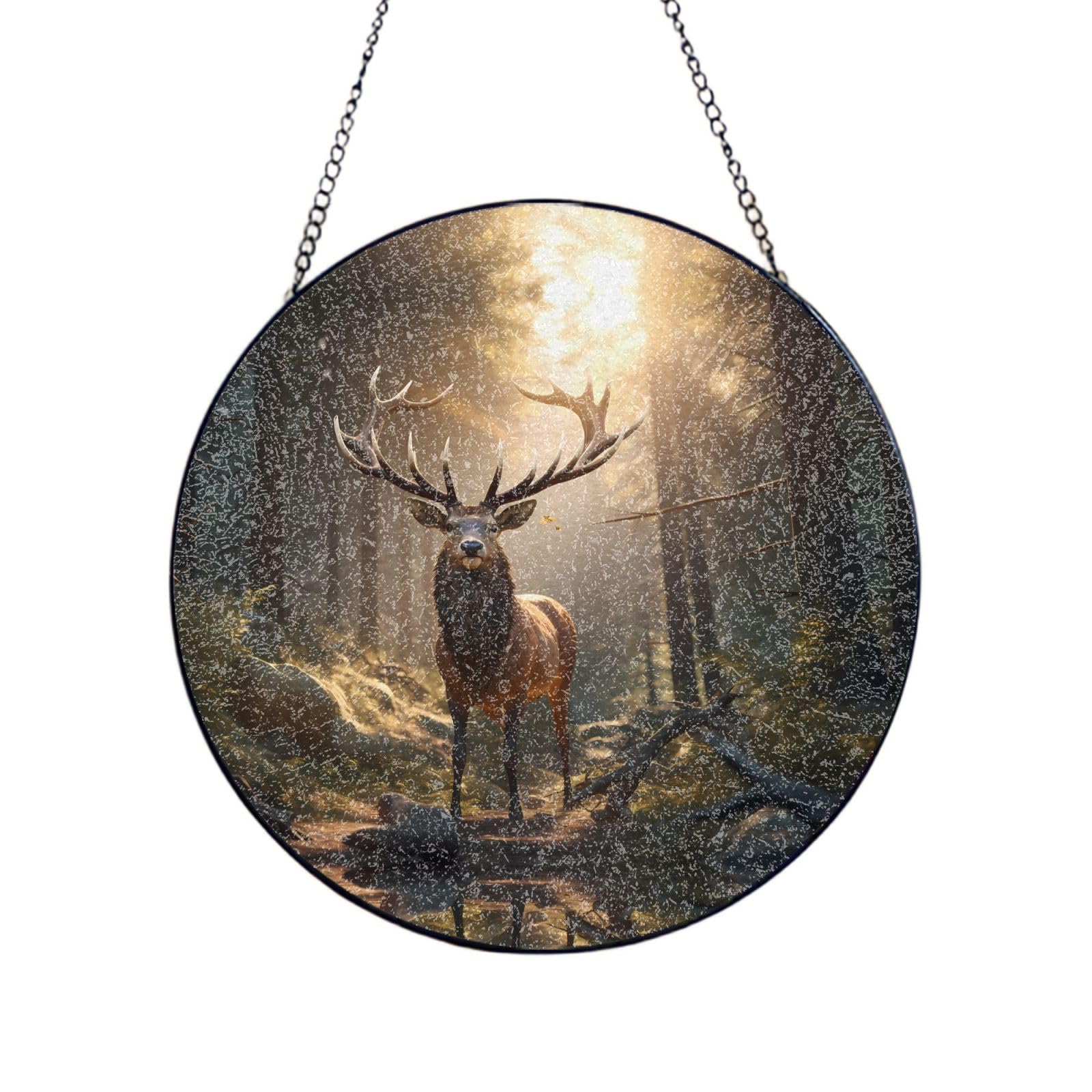 Phayah King Elk Print Stained Glass Window Hanging Sun Catchers Decoration Mother'S Day Birthday Gifts For Home Garden Porch 12in（30cm）
