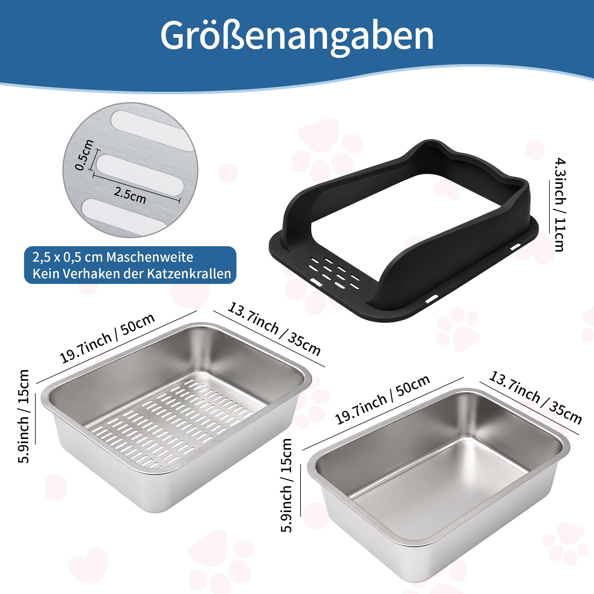 Katzenklo Edelstahl mit Abnehmbares Hoher Rand, Katzentoilette Edelstahl Offen Groß XXL Mit Hochwandigem Seitengehäuse, Metall Katzenklo, Nicht-Klebrig, Auslaufsicher & Einfach zu Re - 50 * 35 * 15cm