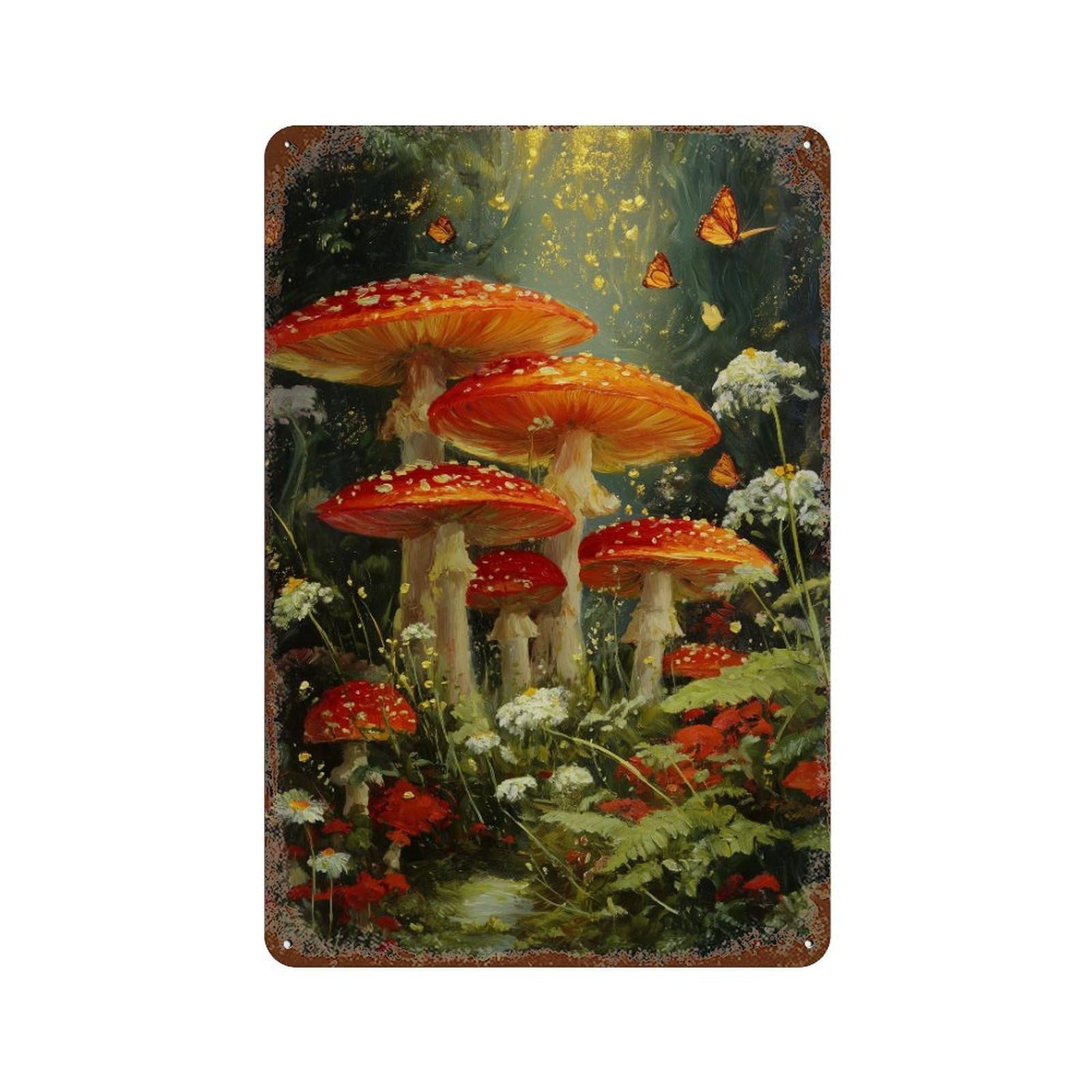 Enchanted Forest Mushrooms Decorative Tin Sign 11.8"x7.9", Vintage Wall Decor for Basement, Hobby Room And Garage Decor