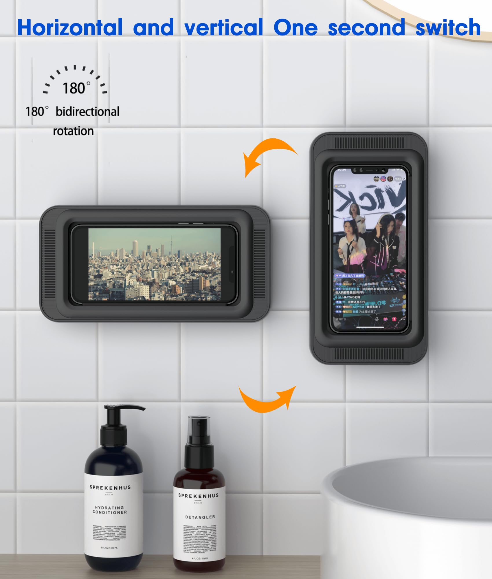 Waterproof Shower Phone Holder with 360° Rotation, Angle Adjustable, Enhanced Sound Quality, Wall Mounted Phone Holder for Bathroom Mirror Bathtub Kitchen, Up to 7 Inch (Black)