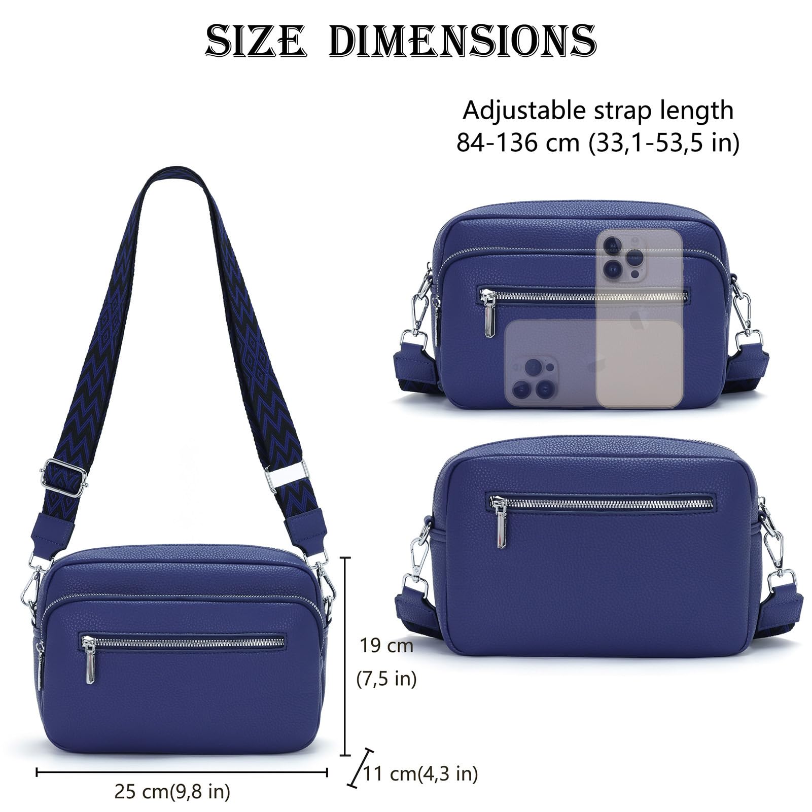 26x18cm Sac Bandouliere Femme Petit avec Large Sangle Sac à Main en Cuir Vegan Élégant Sac Bandoulière Femme Ajustable pour Quotidien & Voyage Bleu foncé