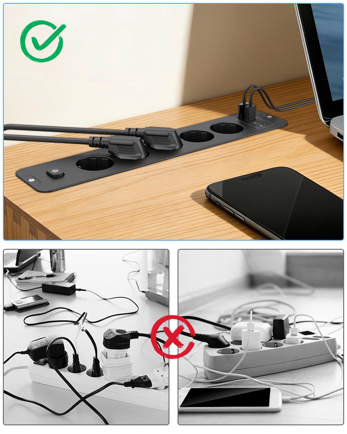 Ciabatta elettrica con USB, multipresa a 5 scomparti con interruttore, presa a scomparsa da tavolo, da cucina, con cavo da 2 m, per tavolo da conferenza, piano di lavoro, divano (nero, 5 scomparti)
