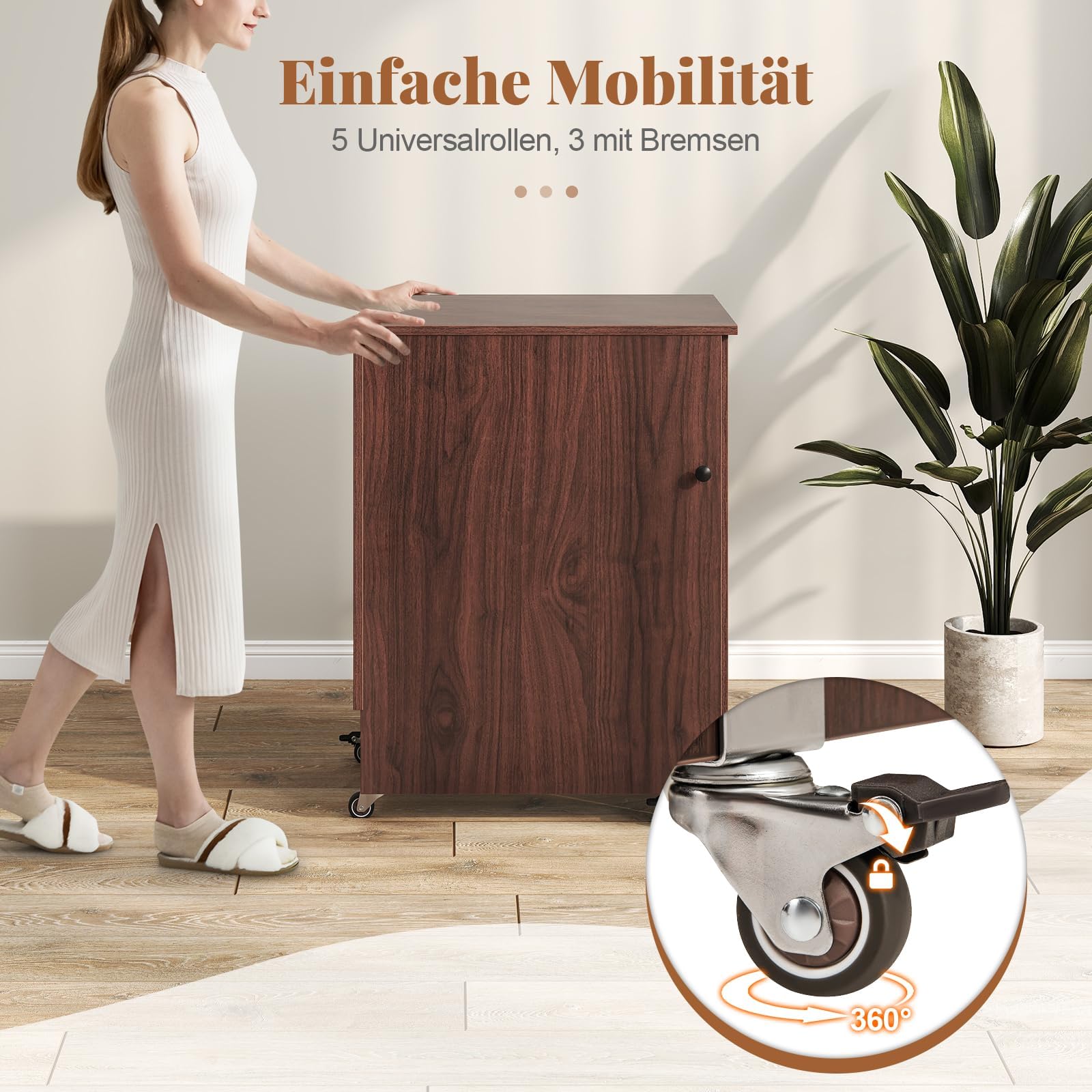 FANTASK Nähmaschinenschrank klappbar mit Ladestation, Nähschrank, Nähtisch aus Holz mit Regalen, 2 in 1 Nähmaschinentisch mit abschließbaren Rädern, Basteltisc für Schlafzimmer & Wohnzimmer (Kaffee)