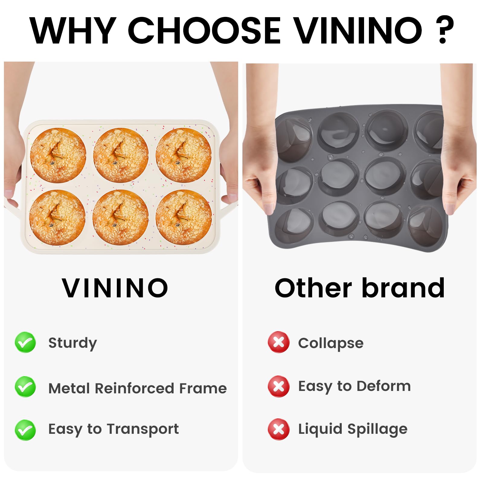 Vinino Teglia Per Muffin In Silicone | 12 Tazze Con Telaio Metallico | Antiaderente | Senza BPA | 2 Pezzi Crema